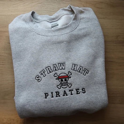 Custom One Piece Straw Hat Pirates Embroidered Crewneck OR Hoodie Sweatshirt